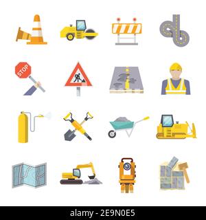 Icônes plates pour les travailleurs de la route avec symboles de l'industrie de la construction et outils illustration vectorielle isolée Illustration de Vecteur