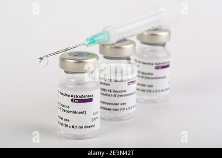 San Sebastian, Gipuzkoa, Espagne; 03 février 2021.trois flacons de vaccin Covid-19 à fond blanc pour injecter des professionnels de la santé et des personnes à risque Banque D'Images