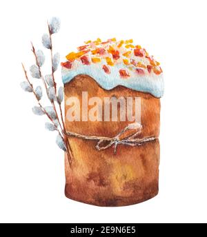Illustration aquarelle du gâteau de Pâques avec des branches de saule isolées sur fond blanc. Repas de Pâques traditionnel tiré à la main. Banque D'Images