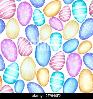 Motif de Pâques aquarelle sans couture avec œufs de couleurs pastel et différentes textures. Motif d'œuf multicolore dessiné à la main Banque D'Images