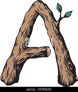 Gravure de couleur lettre A en bois avec feuilles le fond blanc Illustration de Vecteur