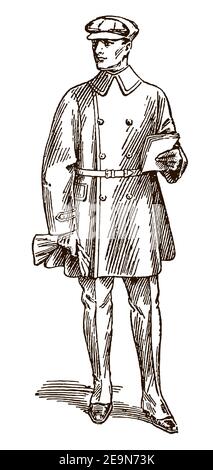 Homme debout du début du XXe siècle, vêtu de vêtements de moto anciens, portant une veste croisée, des leggings, une casquette et des gants, tenant quelques papiers Illustration de Vecteur