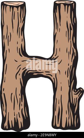 Gravure de couleur lettre H en bois avec feuilles le fond blanc Illustration de Vecteur