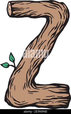 Gravure de couleur lettre Z en bois avec feuilles le fond blanc Illustration de Vecteur