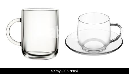Verre. Tasses à café transparentes, illustration de tasse vide isolée. Théière avec poignée, gobelet à cappuccino glacé avec soucoupe, thé vert, Latte. Élégant Illustration de Vecteur