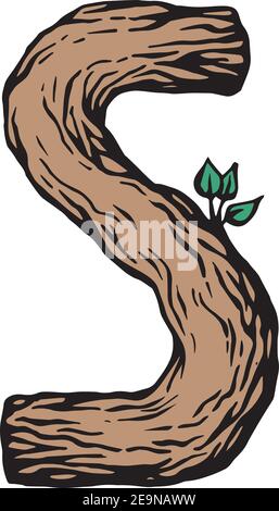 Gravure de couleur lettre S en bois avec feuilles le fond blanc Illustration de Vecteur