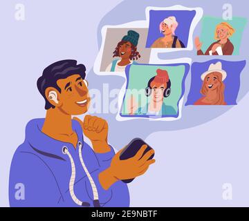 Appels vidéo en ligne avec des amis ou des collègues. Concept de bannière de conférence en ligne et de réunion virtuelle avec homme dans les écouteurs se connectant à ses amis via Illustration de Vecteur