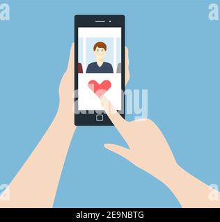 Personne utilisant l'application de rencontres en ligne sur le téléphone. Homme et femme à la recherche de l'amour et de la relation. Main humaine tenant le smartphone et cliquez sur le cœur. Isolé Illustration de Vecteur