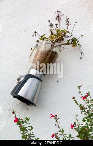 Ancien mélangeur recyclé transformé en un pot de fleurs pour décorer le jardin. Banque D'Images