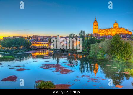 Vue sur la cathédrale de Salamanque au coucher du soleil sur la rivière Tormes, Espagne Banque D'Images