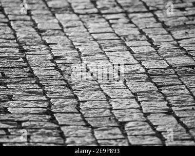 Pavé pavé de pavés dans le centre historique de la ville, Prague, République Tchèque. Faible profondeur de champ. Image en noir et blanc. Banque D'Images