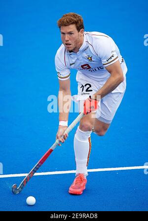 Valence. 5 février 2021. Gauthier Boccard de Belgique participe à un match de la FIH Pro League entre l'Espagne et la Belgique à Valence, Espagne. 5 février 2021. Crédit: Pablo Morano/Xinhua/Alay Live News Banque D'Images