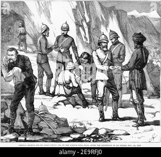 Gravure du Lieutenant général Sam Browne et de ses officiers prenant le thé sur les collines Zukker Khel après l'occupation d'Ali Musjid, la bataille d'ouverture de la deuxième guerre anglo-afghane, le 22 novembre 1878. Banque D'Images