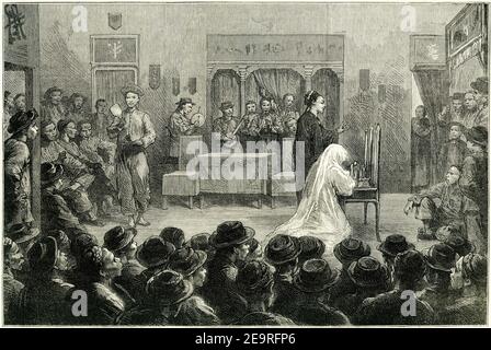 Gravure d'un théâtre chinois en action à San Francisco, vers 1880 Banque D'Images