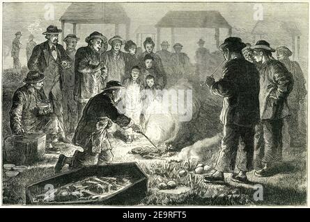 Gravure de Chinois à San Francisco nettoyant les os des morts dans le cadre de leurs coutumes traditionnelles de sépulture. Banque D'Images