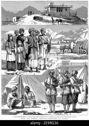 Gravure de plusieurs scènes des activités du général Samuel Browne pendant la guerre anglo-afghane de 1879. De haut : la maison du commandant; Mahomed Shah; le Khan de Lalpoora, et ses accompagnateurs; les Pipers du 1er régiment sikh à Dhaka, au Bangladesh. Banque D'Images