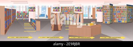bibliothèque avec des signes de distanciation sociale jaune autocollants épidémie de coronavirus illustration vectorielle horizontale des mesures de protection Illustration de Vecteur