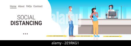 les patients qui restent en file d'attente au comptoir de la pharmacie doivent rester à distance pour éviter coronavirus pandémie social distancing concept drugstore intérieur horizontal pleine longueur illustration vectorielle Illustration de Vecteur