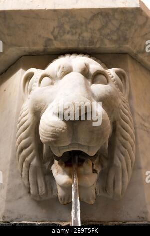 Gros plan d'eau douce s'écoulant de l'embouchure d'un Lion de marbre dans le village de Portovenere ou de Porto Venere, Ligurie, Italie, Europe. Banque D'Images