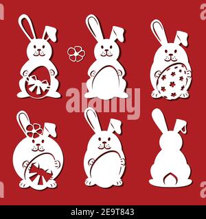 Ensemble lapin. Lapin de Pâques pour la découpe au laser sur fond rouge. Icônes de la carte de vœux. Illustration vectorielle Illustration de Vecteur