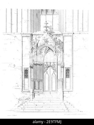 MZK 001 NR 08 Die gothische Kirche Maria am Gestade in Wien - Tafel - Hauptportal Holzschnitt. Banque D'Images