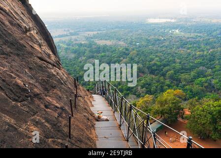 Chien assis sur l'escalier de Lion's Rock au Sri Lanka Banque D'Images