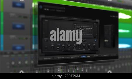 Image de l'onde audio multipiste sur le moniteur. Enregistrement, mixage et mastering en studio. Banque D'Images