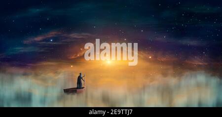 Homme en auvent, magicien flottant sur le navire dans les nuages au coucher du soleil ciel avec des étoiles. Peinture numérique, rendu 3D Banque D'Images
