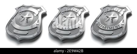 Badge métallique de police isolé sur le panneau blanc et symbole de police. illustration 3d Banque D'Images