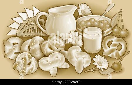 Petits pains, fleurs, lait, serviettes de table, baies dessin main dessin de caniche illustration. Illustration de Vecteur