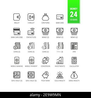 Icônes de banque d'argent. Crypto, comptant, finance. Banque, carte de crédit, guichet automatique. Pièces et monnaie dollars, euros, Livre Sterling. Richesse, coffre-fort. - icônes vectorielles Illustration de Vecteur
