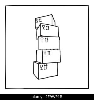 Icône de la pile de boîtes fermées Doodle, dessinée à la main avec une fine ligne noire Illustration de Vecteur