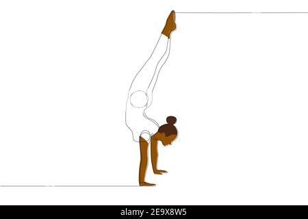 Fillette de gymnaste avec l'origine africaine debout silhouette sur les mains. Dessin linéaire d'un gymnaste. Illustration vectorielle. Illustration de Vecteur