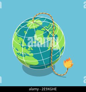 Plate 3d Isométrique la planète Terre avec fusible à combustion. Catastrophe mondiale et crise économique mondiale. Illustration de Vecteur
