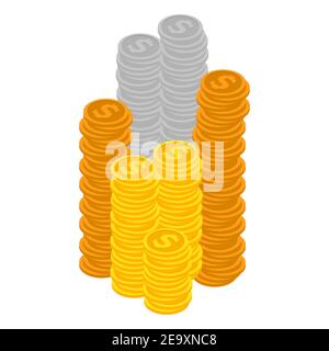 Concept Big Money. Grosses pièces d'or. Des centaines de dollars. Pièces d'or avec signe dollar. Isolé sur un fond blanc. Isométrie. Illustration vectorielle Illustration de Vecteur