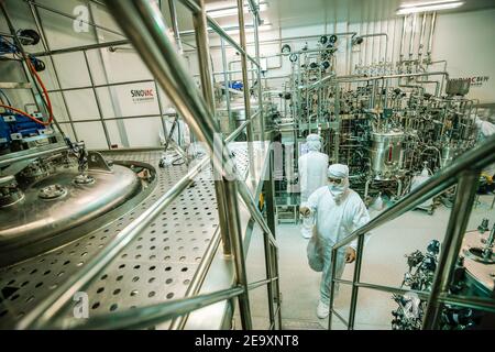 Pékin, Chine. 15 juillet 2020. Des membres du personnel de Sinovac Biotech, une société biopharmaceutique chinoise, vérifient les paramètres définis sur les bioréacteurs de cellules Vero lors d'un atelier sur les solutions mères à mettre en production des vaccins inactivés COVID-19 à Beijing, capitale de la Chine, le 15 juillet 2020. Vendredi, la National Medical Products Administration de la Chine a accordé une approbation de marché conditionnelle à CoronaVac, un vaccin inactivé COVID-19 mis au point par Sinovac Biotech, a déclaré la société samedi. Credit: Zhang Yuwei/Xinhua/Alay Live News Banque D'Images