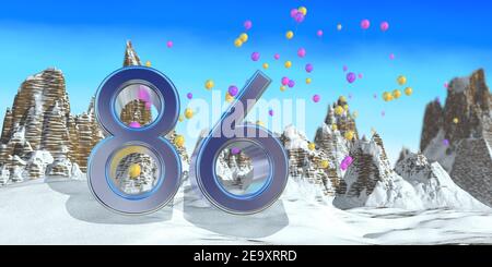 Numéro 86 en police bleue épaisse sur une montagne enneigée avec des montagnes rocheuses paysage de neige et de ballons rouges, jaunes et violets volant dans l'arrière-plan. Banque D'Images
