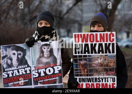 Varsovie, Varsovie, Pologne. 6 février 2021. Des manifestants tiennent des pancartes lors d'une manifestation contre la vivisection d'animaux le 6 février 2021 à Varsovie, en Pologne. Des membres de la rébellion animale NPO Polska se sont réunis devant l'ambassade italienne à Varsovie pour manifester leur solidarité envers les activistes des droits des animaux en Italie qui protestent contre la vivisection d'animaux à des fins scientifiques, Plus précisément l'utilisation de macaques dans le projet 'LightUp - Turning the Cortically blind Brain to See' mené par l'Université de Turin en collaboration avec l'Université de Parme. Dirigé par Research Fellow Banque D'Images