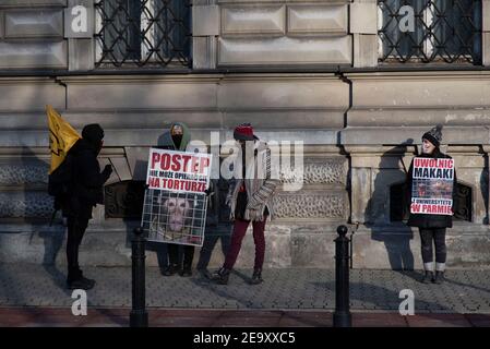 Varsovie, Varsovie, Pologne. 6 février 2021. Des manifestants tiennent des pancartes lors d'une manifestation contre la vivisection d'animaux le 6 février 2021 à Varsovie, en Pologne. Des membres de la rébellion animale NPO Polska se sont réunis devant l'ambassade italienne à Varsovie pour manifester leur solidarité envers les activistes des droits des animaux en Italie qui protestent contre la vivisection d'animaux à des fins scientifiques, Plus précisément l'utilisation de macaques dans le projet 'LightUp - Turning the Cortically blind Brain to See' mené par l'Université de Turin en collaboration avec l'Université de Parme. Dirigé par Research Fellow Banque D'Images