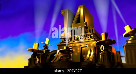 14ème anniversaire en lettres épaisses sur un grand bâtiment de style ancien doré illuminé par 6 projecteurs avec lumière blanche sur un ciel bleu au coucher du soleil. 3D I Banque D'Images