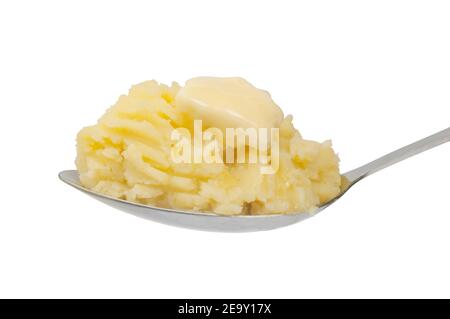 Photo de studio de la purée de pommes de terre de la beurterie coupée contre un Fond blanc - John Banque D'Images