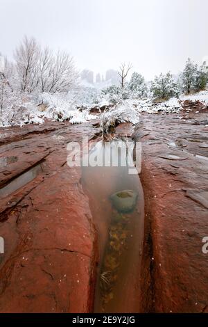 Neige d'hiver sur Cathedral Rock Sedona, Arizona Banque D'Images