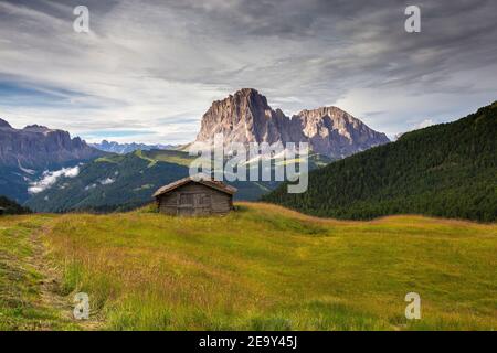 Val Gardena vallée alpine. Prairie alpine et chalet en bois. Sommets de Sassolungo et Sassopiatto. Les Dolomites. Alpes italiennes. Banque D'Images