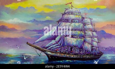 Art , peinture , huile , couleur , voilier , bateau , junk boat Banque D'Images