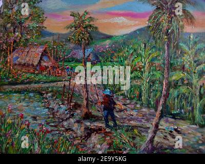 peint à la main original impressionnisme chefs-d'œuvre peintre art contemporain peinture à l'huile campagne thaïlande paysage campagne Banque D'Images