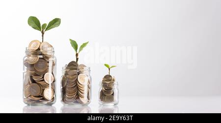 Pièces de monnaie et semences turques en or en bouteille transparente sur fond blanc, Business and Finance concept Banque D'Images