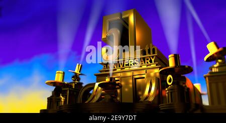 51ème anniversaire en lettres épaisses sur un grand bâtiment de style ancien doré illuminé par 6 projecteurs avec lumière blanche sur un ciel bleu au coucher du soleil. 3D I Banque D'Images