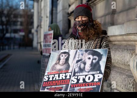 Varsovie, Pologne. 6 février 2021. Un manifestant tient un écriteau lors d'une manifestation contre la vivisection d'animaux le 6 février 2021 à Varsovie, en Pologne. Des membres de la rébellion animale NPO Polska se sont réunis devant l'ambassade italienne à Varsovie pour manifester leur solidarité envers les militants des droits des animaux en Italie qui protestent contre la vivisection d'animaux à des fins scientifiques. Crédit: Aleksander Kalka/ZUMA Wire/Alay Live News Banque D'Images