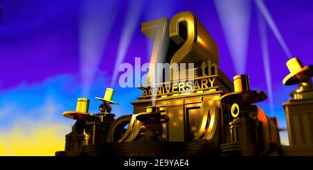 72ème anniversaire en lettres épaisses sur un grand bâtiment de style ancien doré illuminé par 6 projecteurs avec lumière blanche sur un ciel bleu au coucher du soleil. 3D I Banque D'Images