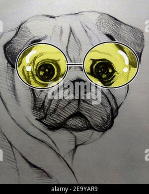 Art ,dessin ,Beaux-Arts ,esquisse ,chien mignon, Thaïlande , portant des lunettes Banque D'Images